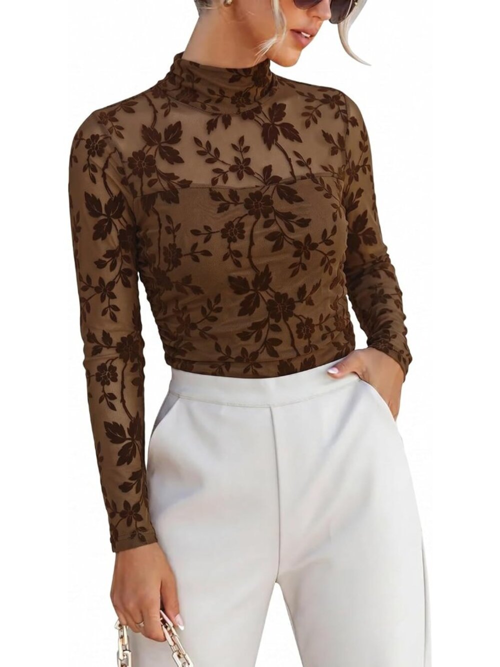 Women's Coffee Mock Neck Pullover Sheer Slim Fit Rushed Mesh Long Sleeve Top
